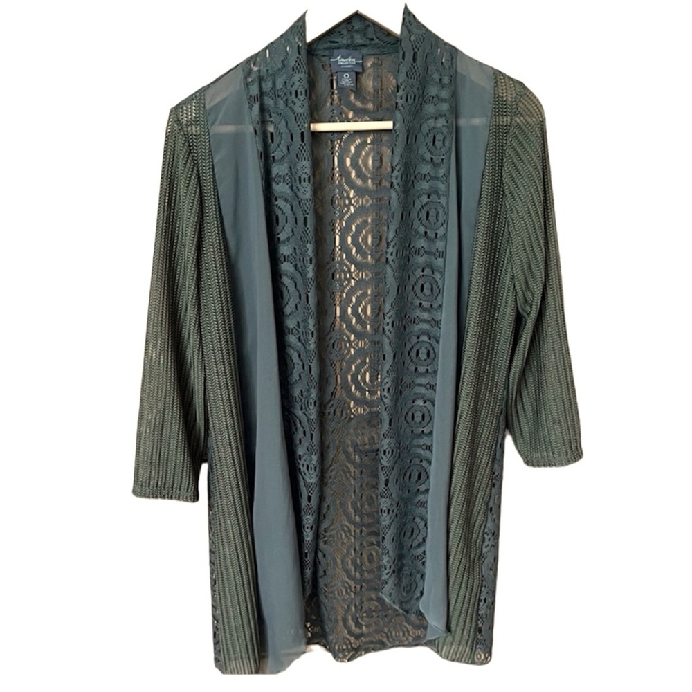 Chico’s Travelers Delicate Crochet Lace Open Front Olive Green Duster